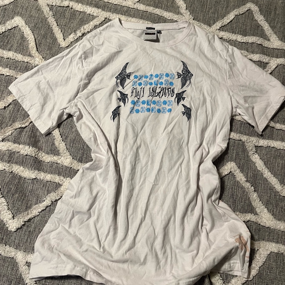 White Tee with Blue and Black Graphic
